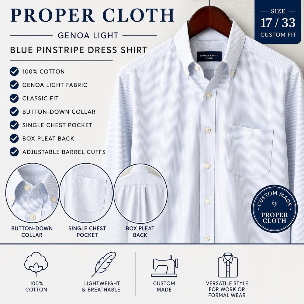 Proper Cloth Genoa Light Blue Pinstripe Dress Shirt Mens 17 33 100% Cotton Read